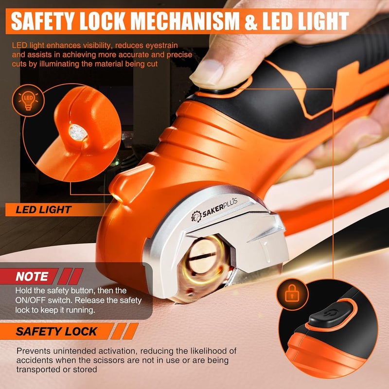 SakerPlus Cordless Electric Scissors, 4V Cardboard Cutter, Box Cutter Fabric Scissor with Safety Lock & LED Light, Rechargeable Power Rotary Cutters for Box Carpet Fabric Plastic Leather - Image 3